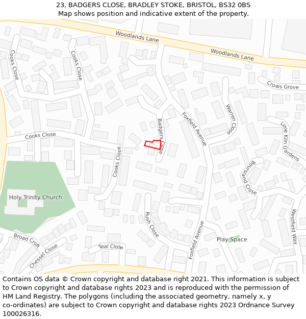 23, BADGERS CLOSE, BRADLEY STOKE, BRISTOL, BS32 0BS: Location map and indicative extent of plot