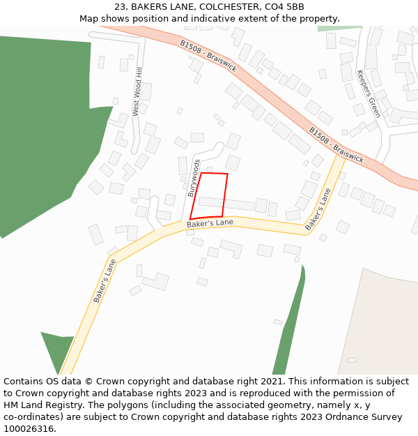 23, BAKERS LANE, COLCHESTER, CO4 5BB: Location map and indicative extent of plot