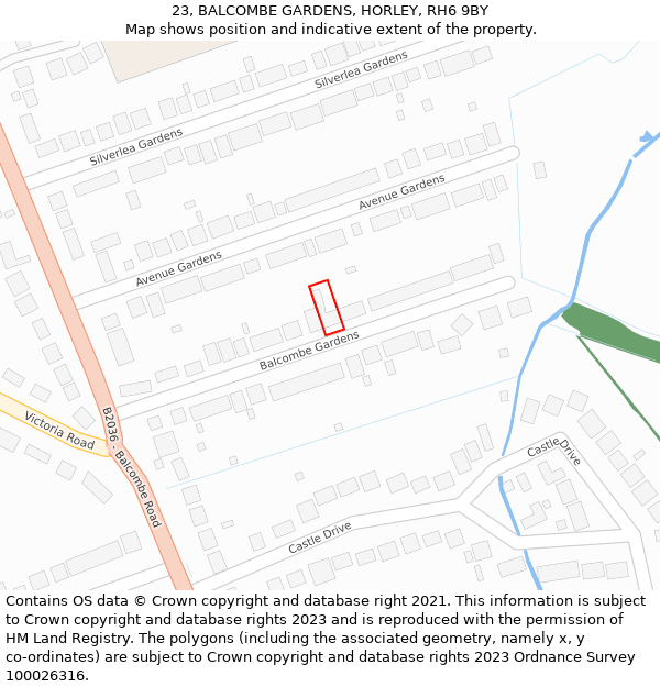 23, BALCOMBE GARDENS, HORLEY, RH6 9BY: Location map and indicative extent of plot