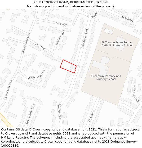 23, BARNCROFT ROAD, BERKHAMSTED, HP4 3NL: Location map and indicative extent of plot