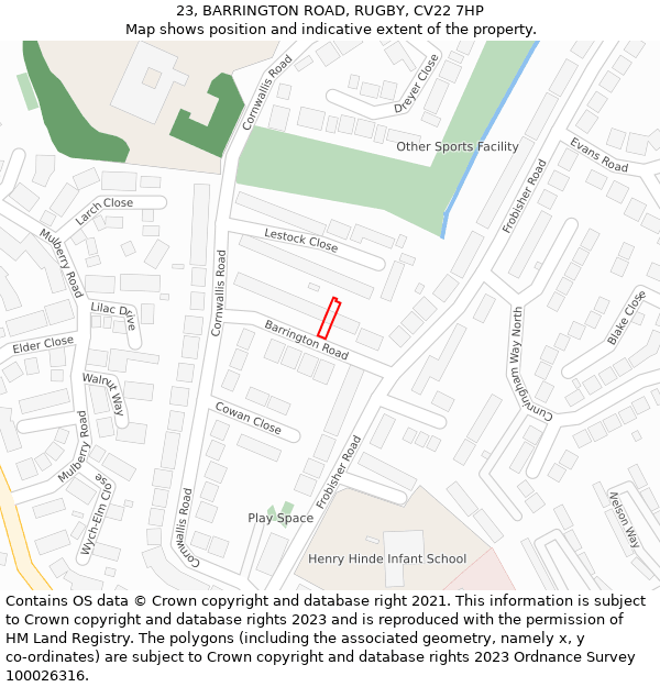 23, BARRINGTON ROAD, RUGBY, CV22 7HP: Location map and indicative extent of plot