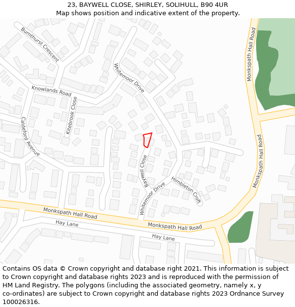 23, BAYWELL CLOSE, SHIRLEY, SOLIHULL, B90 4UR: Location map and indicative extent of plot