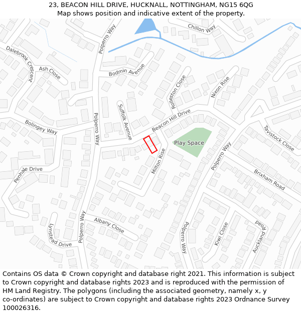 23, BEACON HILL DRIVE, HUCKNALL, NOTTINGHAM, NG15 6QG: Location map and indicative extent of plot