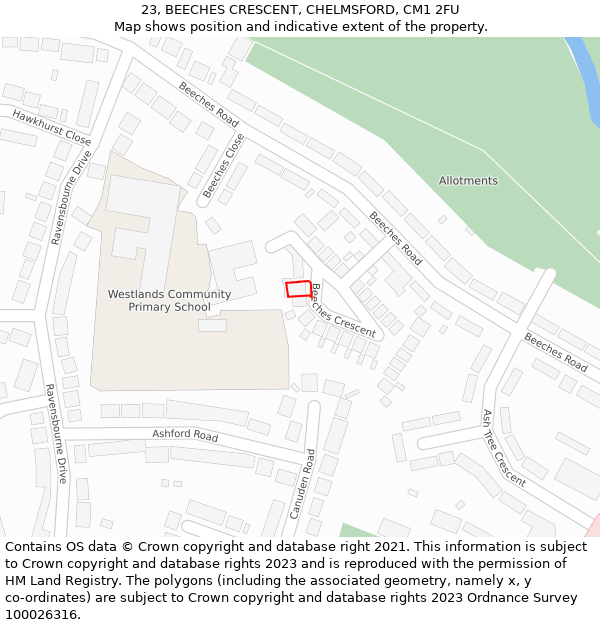 23, BEECHES CRESCENT, CHELMSFORD, CM1 2FU: Location map and indicative extent of plot