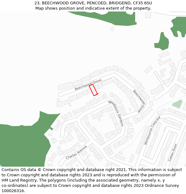 23, BEECHWOOD GROVE, PENCOED, BRIDGEND, CF35 6SU: Location map and indicative extent of plot