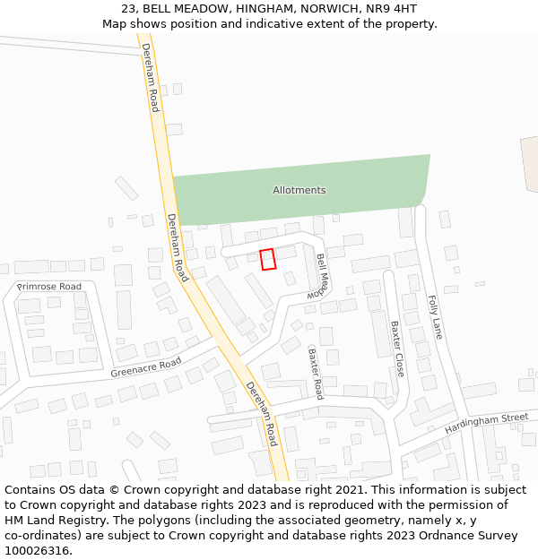 23, BELL MEADOW, HINGHAM, NORWICH, NR9 4HT: Location map and indicative extent of plot