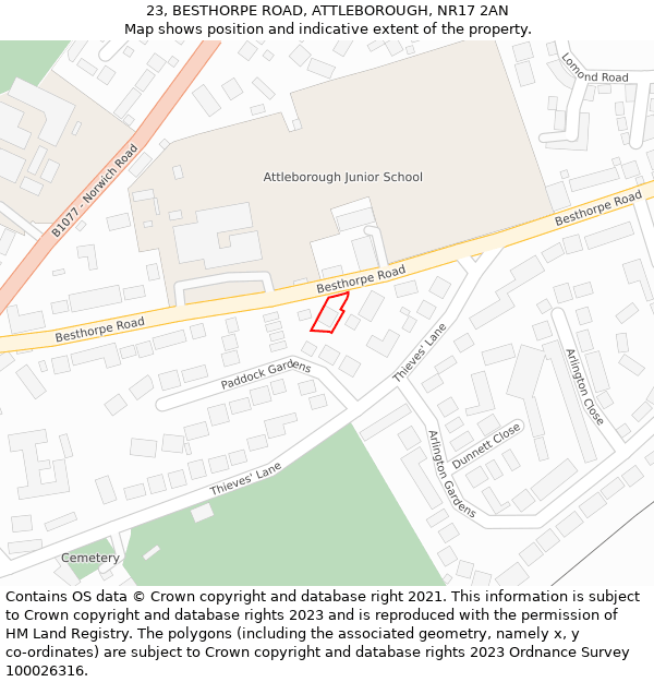 23, BESTHORPE ROAD, ATTLEBOROUGH, NR17 2AN: Location map and indicative extent of plot