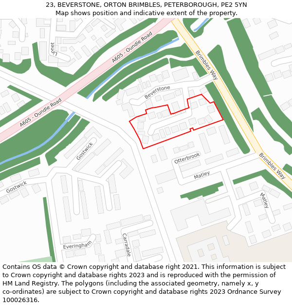 23, BEVERSTONE, ORTON BRIMBLES, PETERBOROUGH, PE2 5YN: Location map and indicative extent of plot