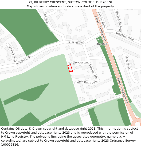 23, BILBERRY CRESCENT, SUTTON COLDFIELD, B76 1SL: Location map and indicative extent of plot