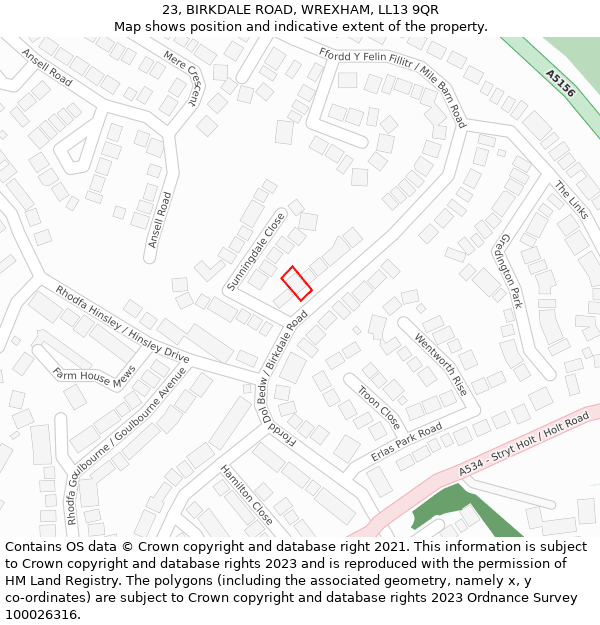 23, BIRKDALE ROAD, WREXHAM, LL13 9QR: Location map and indicative extent of plot