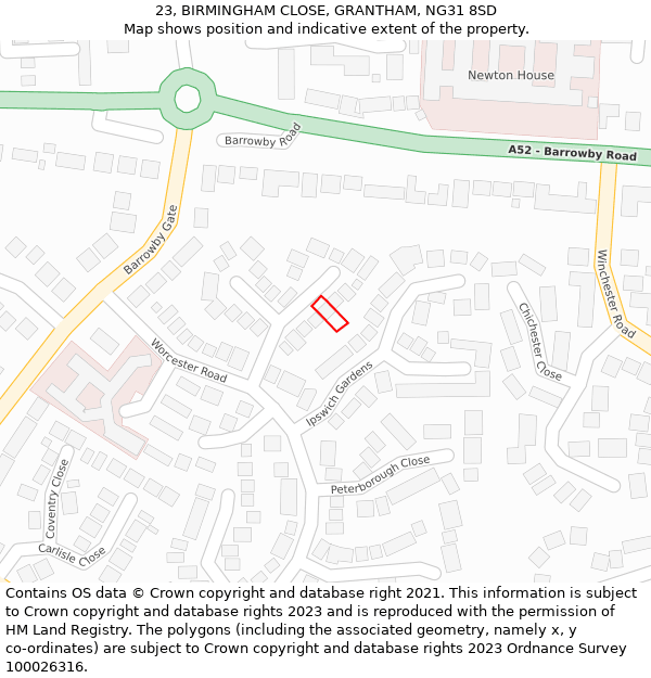 23, BIRMINGHAM CLOSE, GRANTHAM, NG31 8SD: Location map and indicative extent of plot