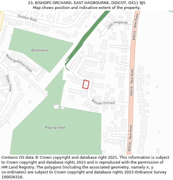 23, BISHOPS ORCHARD, EAST HAGBOURNE, DIDCOT, OX11 9JS: Location map and indicative extent of plot