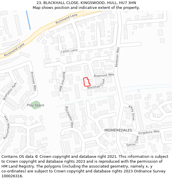 23, BLACKHALL CLOSE, KINGSWOOD, HULL, HU7 3HN: Location map and indicative extent of plot