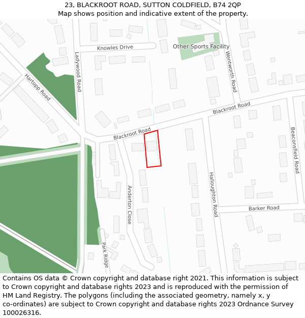 23, BLACKROOT ROAD, SUTTON COLDFIELD, B74 2QP: Location map and indicative extent of plot