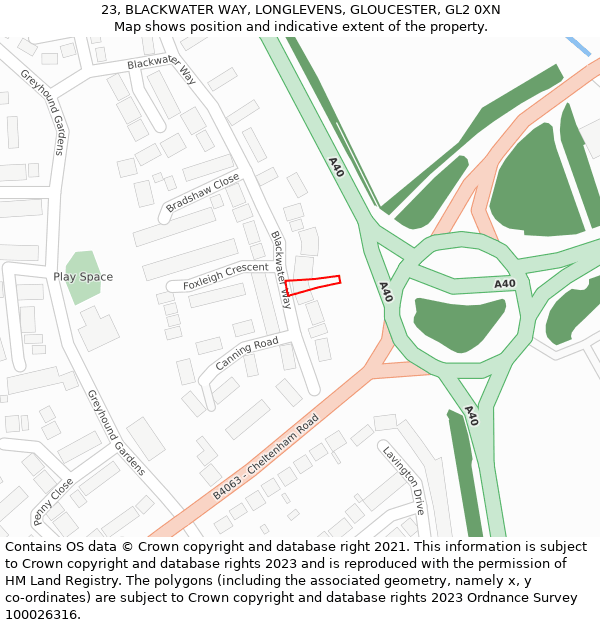 23, BLACKWATER WAY, LONGLEVENS, GLOUCESTER, GL2 0XN: Location map and indicative extent of plot