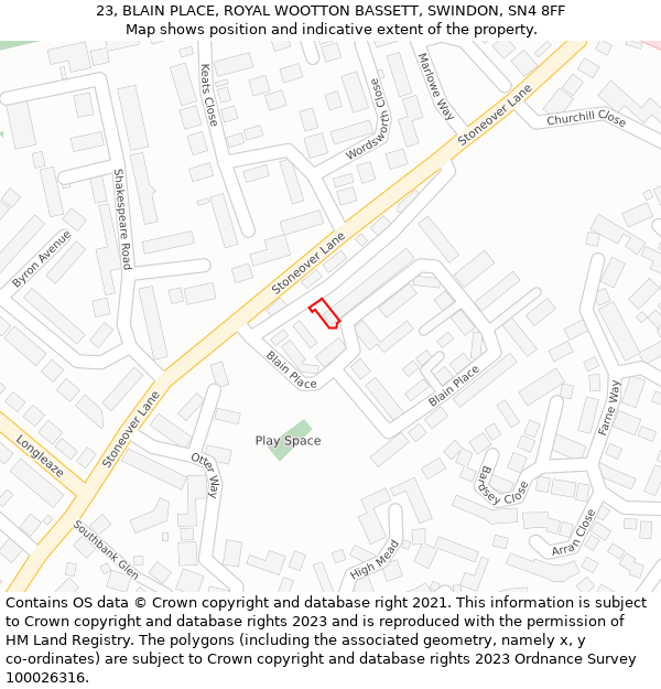 23, BLAIN PLACE, ROYAL WOOTTON BASSETT, SWINDON, SN4 8FF: Location map and indicative extent of plot