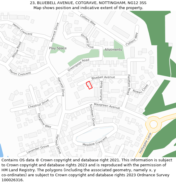 23, BLUEBELL AVENUE, COTGRAVE, NOTTINGHAM, NG12 3SS: Location map and indicative extent of plot