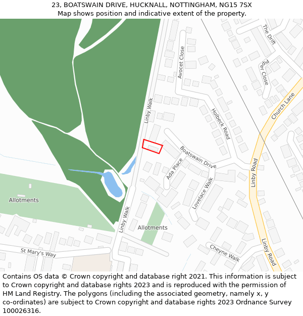 23, BOATSWAIN DRIVE, HUCKNALL, NOTTINGHAM, NG15 7SX: Location map and indicative extent of plot