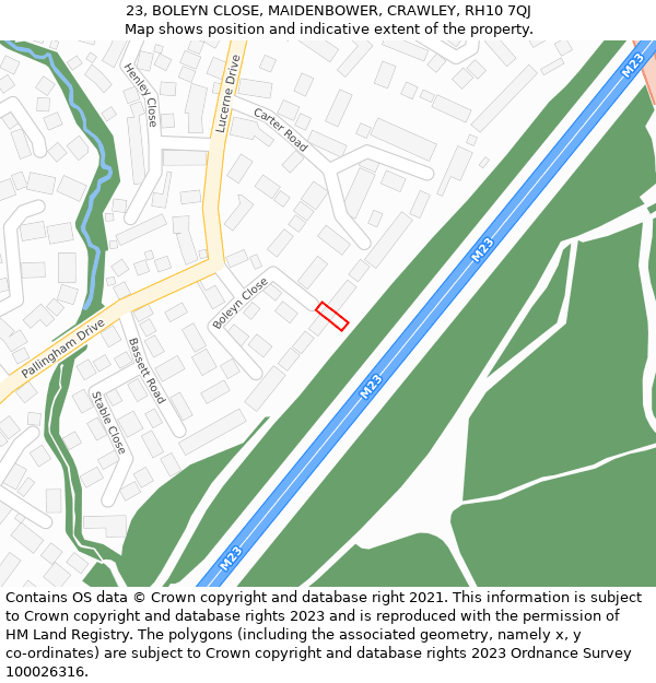 23, BOLEYN CLOSE, MAIDENBOWER, CRAWLEY, RH10 7QJ: Location map and indicative extent of plot