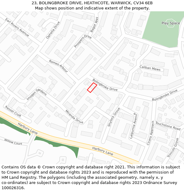 23, BOLINGBROKE DRIVE, HEATHCOTE, WARWICK, CV34 6EB: Location map and indicative extent of plot