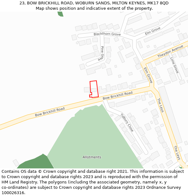 23, BOW BRICKHILL ROAD, WOBURN SANDS, MILTON KEYNES, MK17 8QD: Location map and indicative extent of plot