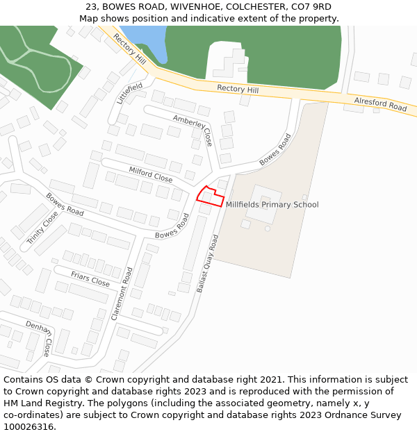 23, BOWES ROAD, WIVENHOE, COLCHESTER, CO7 9RD: Location map and indicative extent of plot