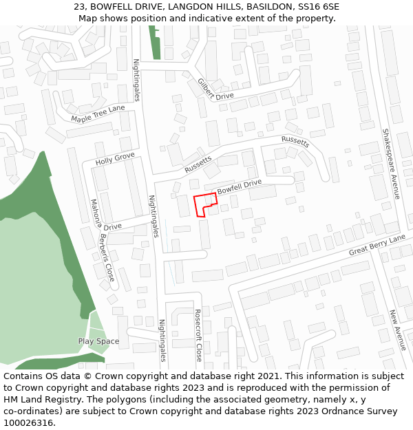 23, BOWFELL DRIVE, LANGDON HILLS, BASILDON, SS16 6SE: Location map and indicative extent of plot