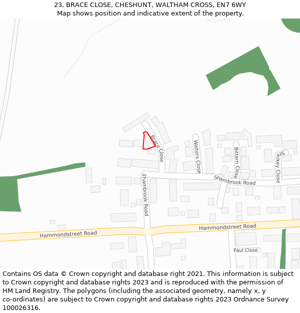 23, BRACE CLOSE, CHESHUNT, WALTHAM CROSS, EN7 6WY: Location map and indicative extent of plot