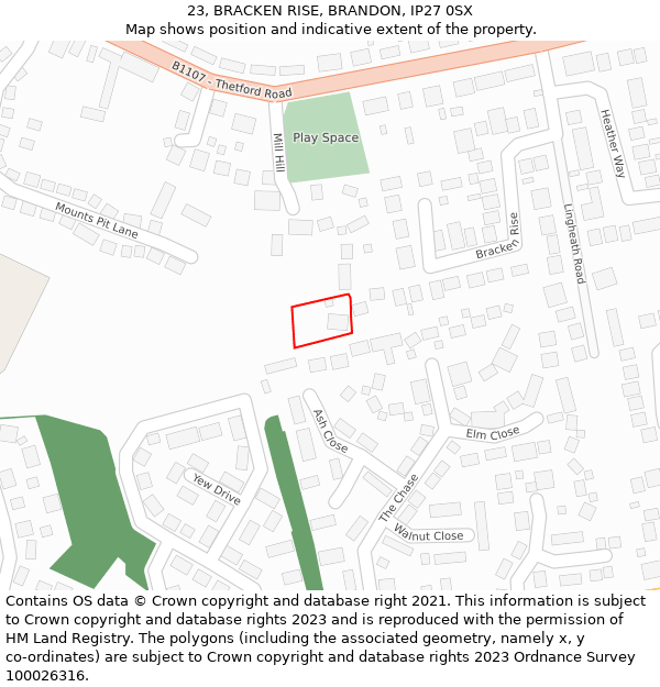 23, BRACKEN RISE, BRANDON, IP27 0SX: Location map and indicative extent of plot