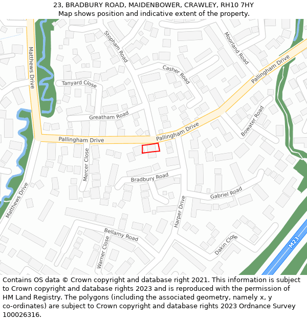 23, BRADBURY ROAD, MAIDENBOWER, CRAWLEY, RH10 7HY: Location map and indicative extent of plot