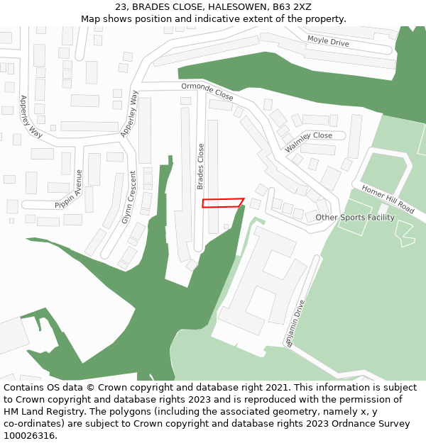 23, BRADES CLOSE, HALESOWEN, B63 2XZ: Location map and indicative extent of plot