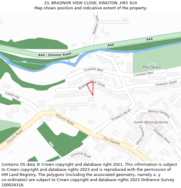 23, BRADNOR VIEW CLOSE, KINGTON, HR5 3UA: Location map and indicative extent of plot