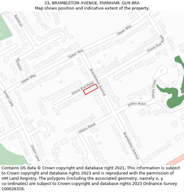 23, BRAMBLETON AVENUE, FARNHAM, GU9 8RA: Location map and indicative extent of plot