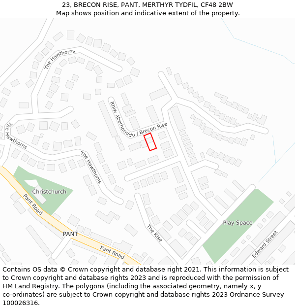 23, BRECON RISE, PANT, MERTHYR TYDFIL, CF48 2BW: Location map and indicative extent of plot