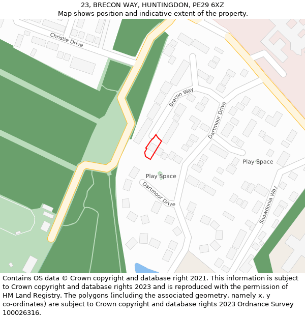 23, BRECON WAY, HUNTINGDON, PE29 6XZ: Location map and indicative extent of plot