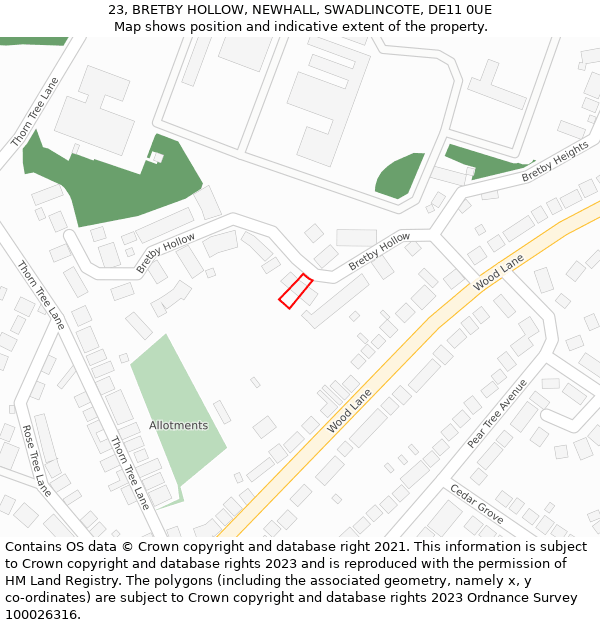 23, BRETBY HOLLOW, NEWHALL, SWADLINCOTE, DE11 0UE: Location map and indicative extent of plot