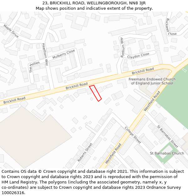 23, BRICKHILL ROAD, WELLINGBOROUGH, NN8 3JR: Location map and indicative extent of plot