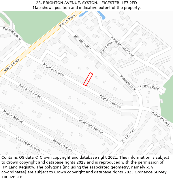 23, BRIGHTON AVENUE, SYSTON, LEICESTER, LE7 2ED: Location map and indicative extent of plot