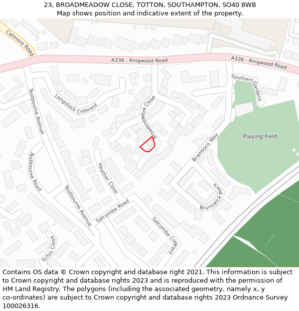 23, BROADMEADOW CLOSE, TOTTON, SOUTHAMPTON, SO40 8WB: Location map and indicative extent of plot