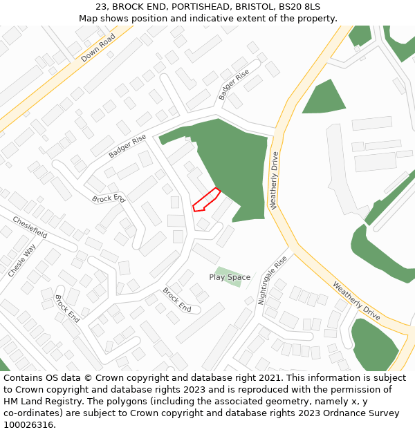 23, BROCK END, PORTISHEAD, BRISTOL, BS20 8LS: Location map and indicative extent of plot