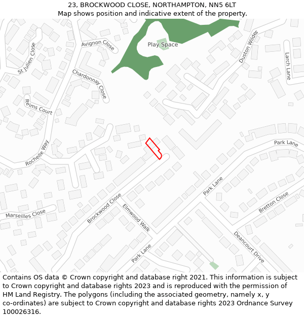 23, BROCKWOOD CLOSE, NORTHAMPTON, NN5 6LT: Location map and indicative extent of plot