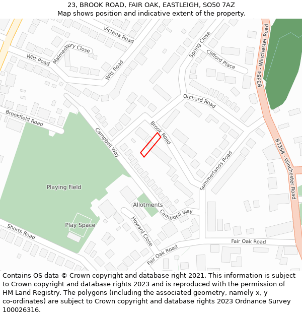 23, BROOK ROAD, FAIR OAK, EASTLEIGH, SO50 7AZ: Location map and indicative extent of plot