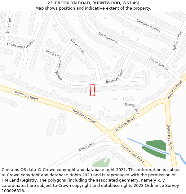 23, BROOKLYN ROAD, BURNTWOOD, WS7 4SJ: Location map and indicative extent of plot