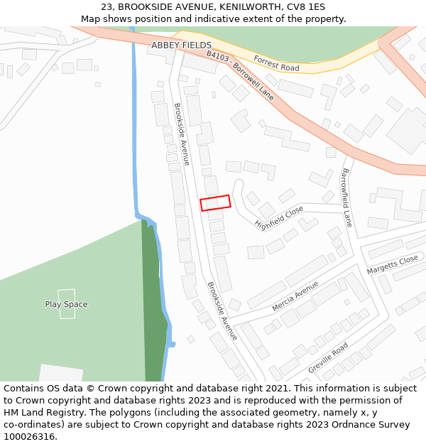 23, BROOKSIDE AVENUE, KENILWORTH, CV8 1ES: Location map and indicative extent of plot