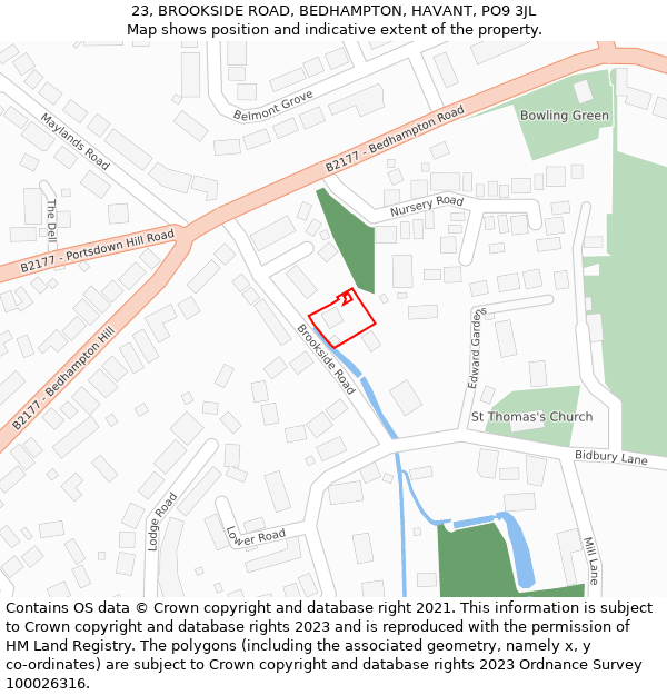 23, BROOKSIDE ROAD, BEDHAMPTON, HAVANT, PO9 3JL: Location map and indicative extent of plot