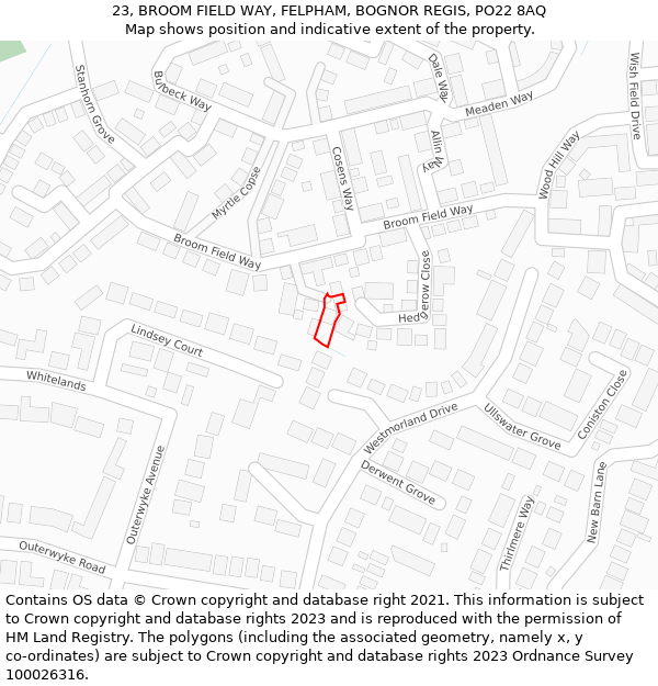 23, BROOM FIELD WAY, FELPHAM, BOGNOR REGIS, PO22 8AQ: Location map and indicative extent of plot