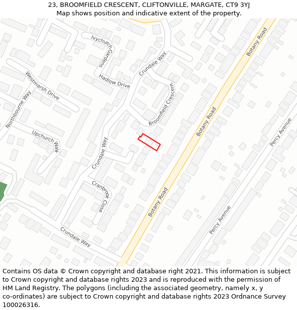 23, BROOMFIELD CRESCENT, CLIFTONVILLE, MARGATE, CT9 3YJ: Location map and indicative extent of plot