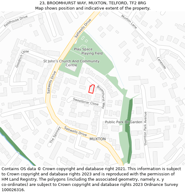 23, BROOMHURST WAY, MUXTON, TELFORD, TF2 8RG: Location map and indicative extent of plot