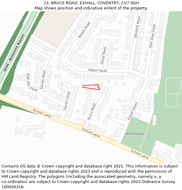 23, BRUCE ROAD, EXHALL, COVENTRY, CV7 9GH: Location map and indicative extent of plot