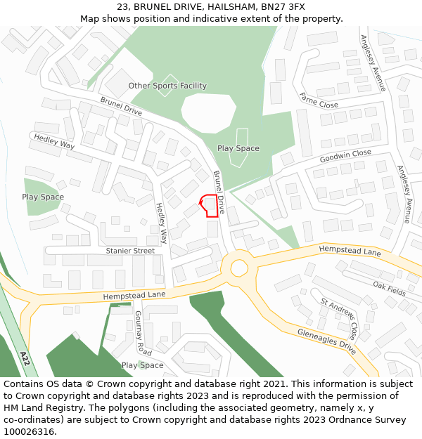 23, BRUNEL DRIVE, HAILSHAM, BN27 3FX: Location map and indicative extent of plot